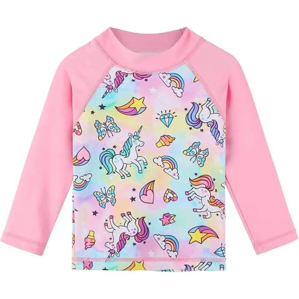 Kids Girls Pink Unicorn Rainbow Rash‎ Guard Swimsuit Set 12M UPF 50+